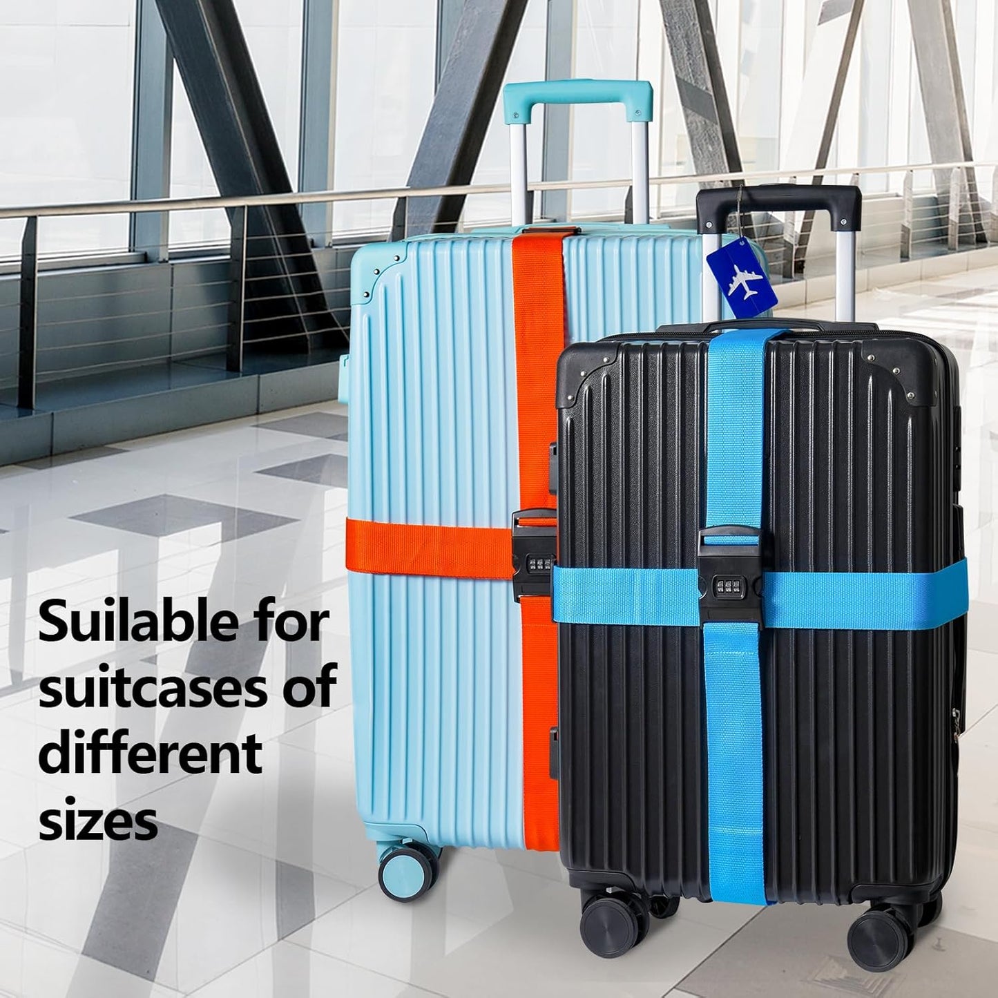 BILIONE 2 Pack Luggage Straps for Suitcases with Password Lock & Metal Airplane Tags, Adjustable Suitcase Belt & Travel Belt, Luggage Connector Straps to Connect Two Bags 20-34 Inch (Blue)