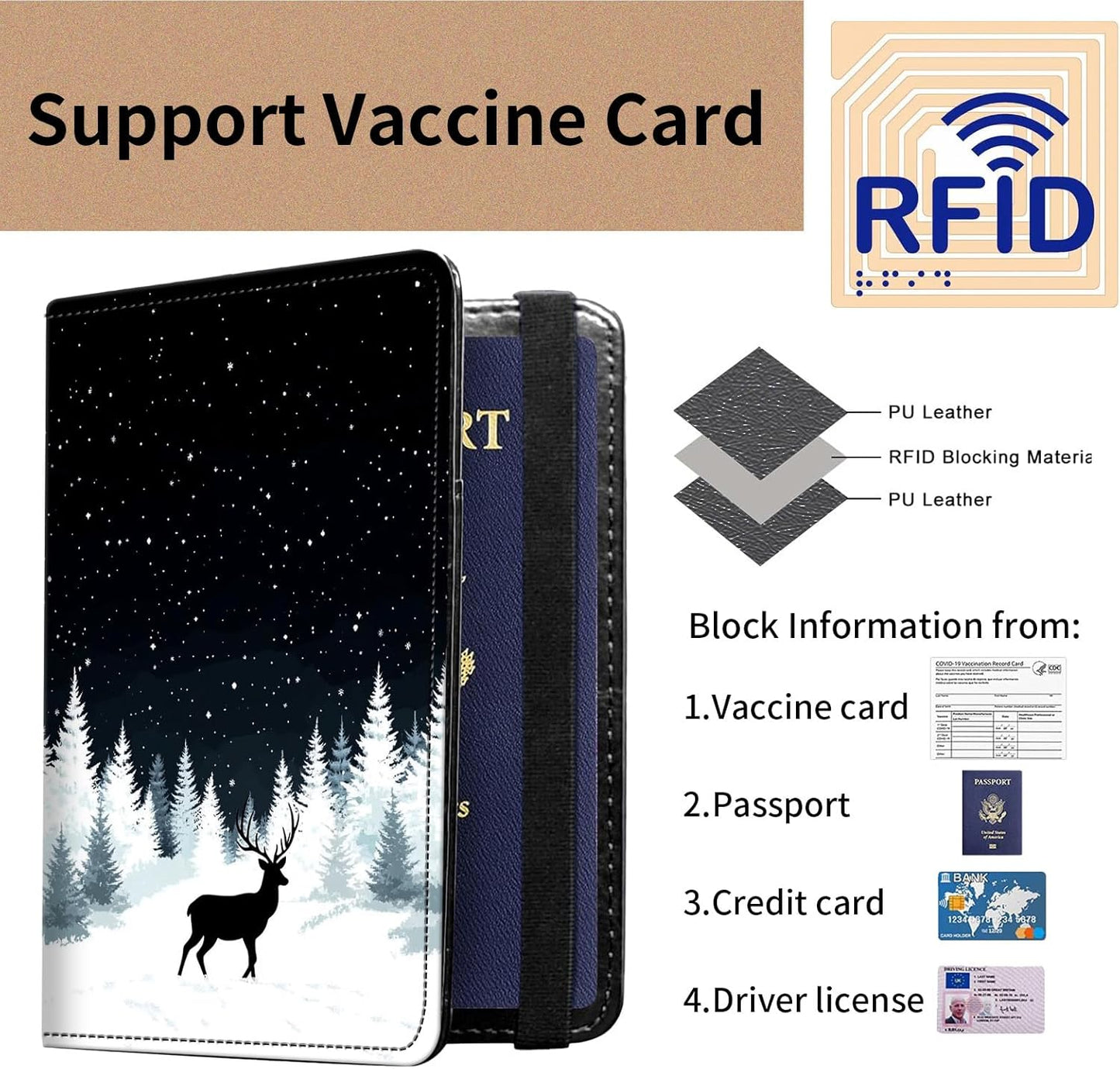 Passport and Vaccine Card Holder Cover Combo,Travel Passport Holder Wallet with RFID Blocking, Leather Vaccine Card Slot Passport Cover Case for Women & Men,Black Forest Starry Deer