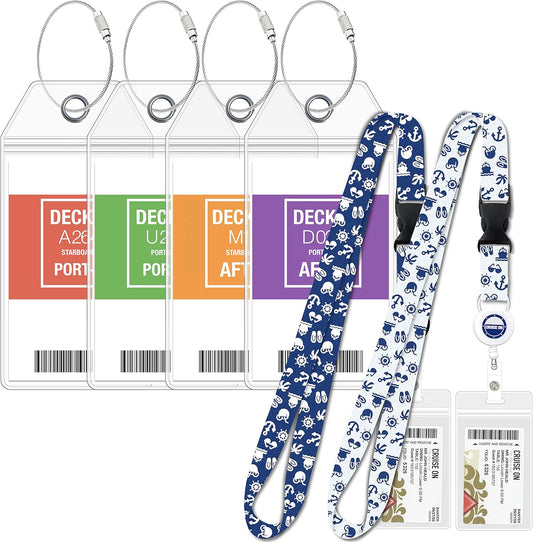 Carnival Cruise Luggage Tag Holders (4 Pack) & Lanyards (2 Pack), Large, Clear & Waterproof, Cruise Essentials 2025-2026 for Ship Cards & Baggage – Durable Travel Accessories (Blue and White)