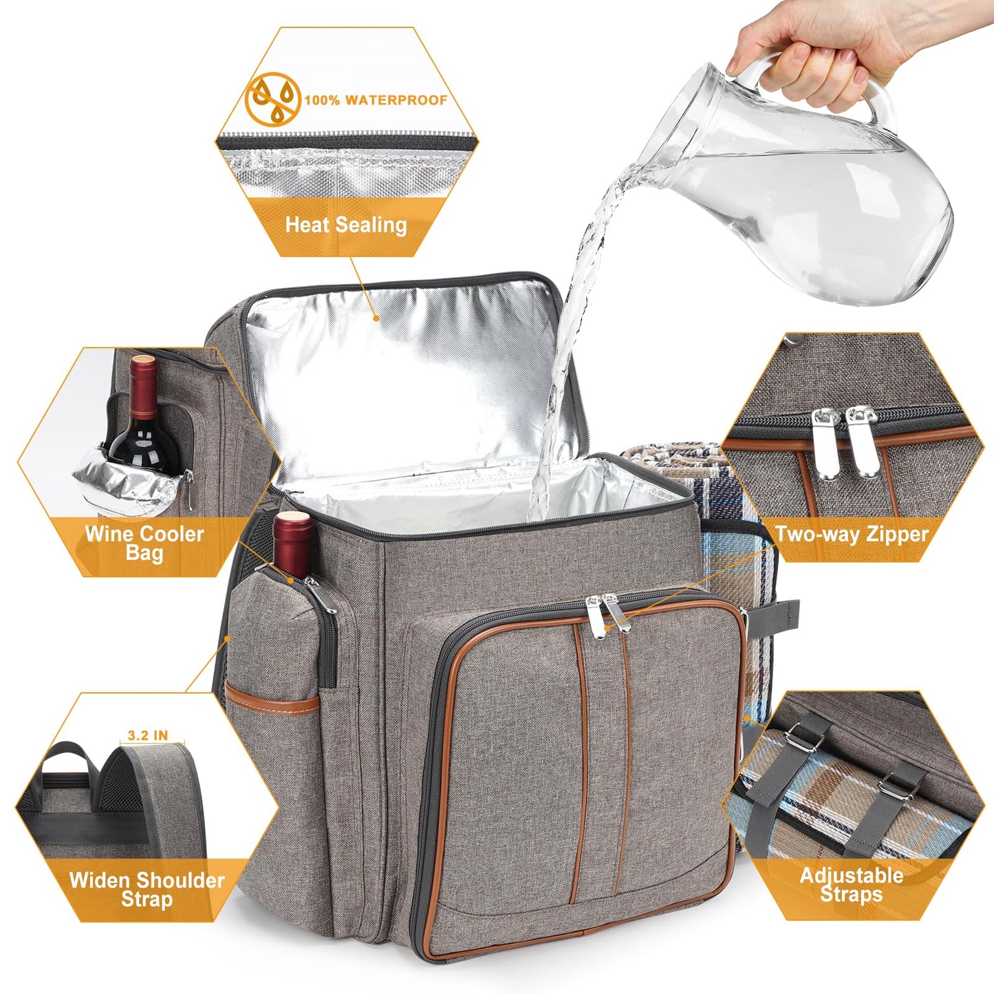 Picnic Backpack for 4, Insulated Cooler Bag with Blanket, BrushedKhaki