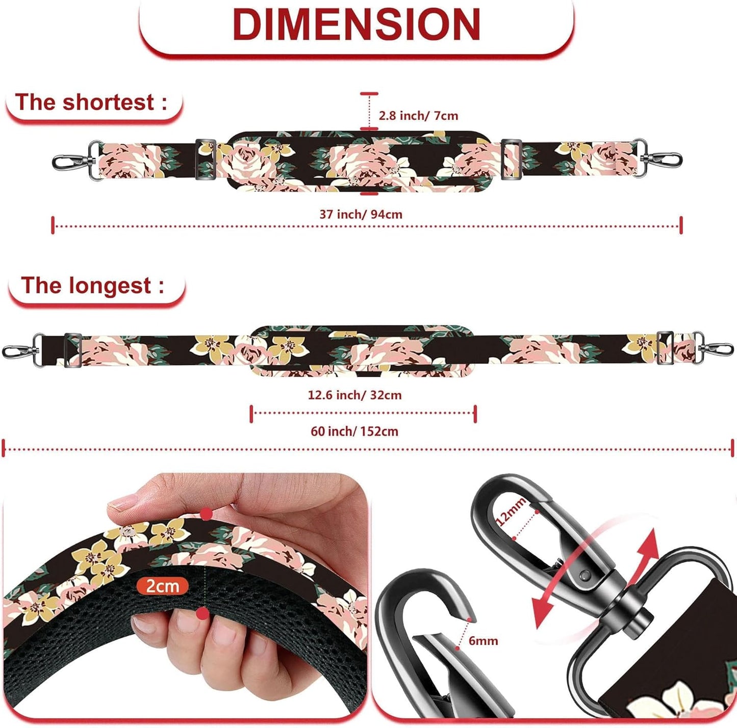 ZINZ 60" Universal Bag Strap with Ultra-Thick Fixed Breathable Pad Adjustable Heavy-Duty Shoulder Strap for Laptop Bag Crossbody Luggage Gym Bag Camera Bag and More,Black Flower