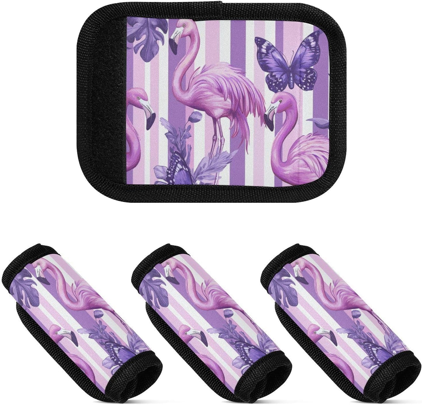 Purple Striped Flamingos and Butterflies 2 Pack Luggage Handle Wraps Covers for Suitcase Identifiers Bag Tags Travel Accessories