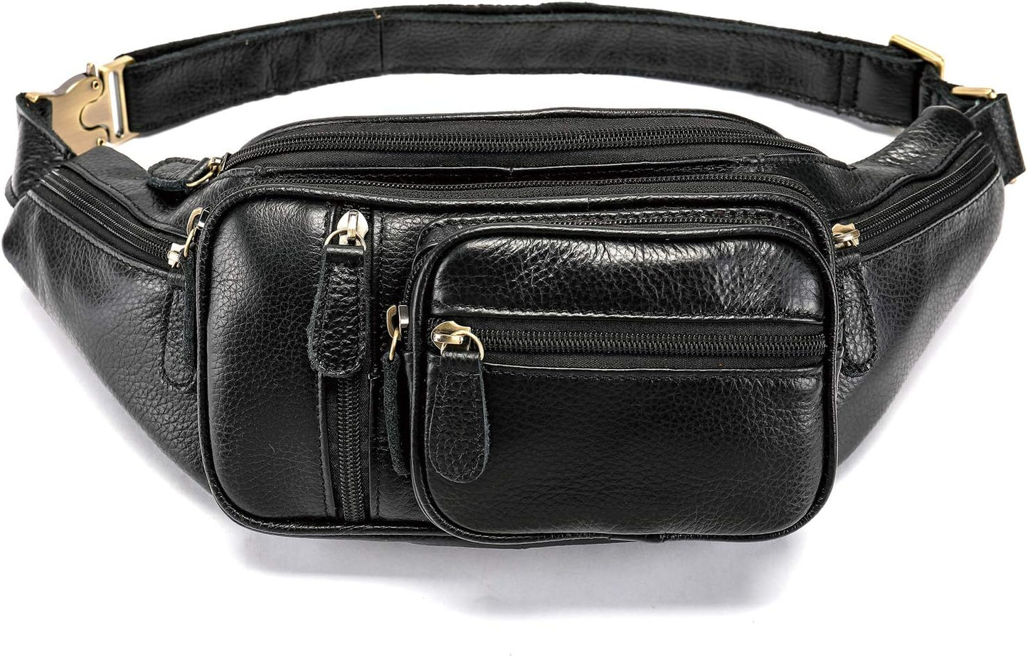 Genuine Leather Fanny Pack large capacity Crossbody Waist Bag with Zipper phone Pockets black