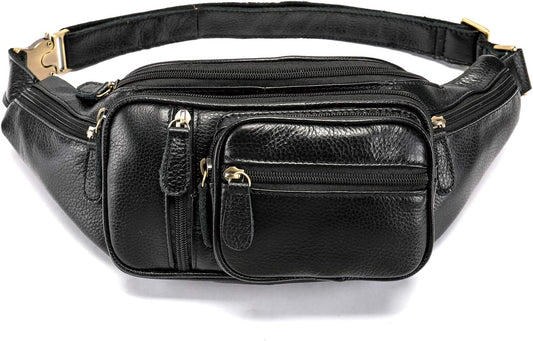 Genuine Leather Fanny Pack large capacity Crossbody Waist Bag with Zipper phone Pockets black