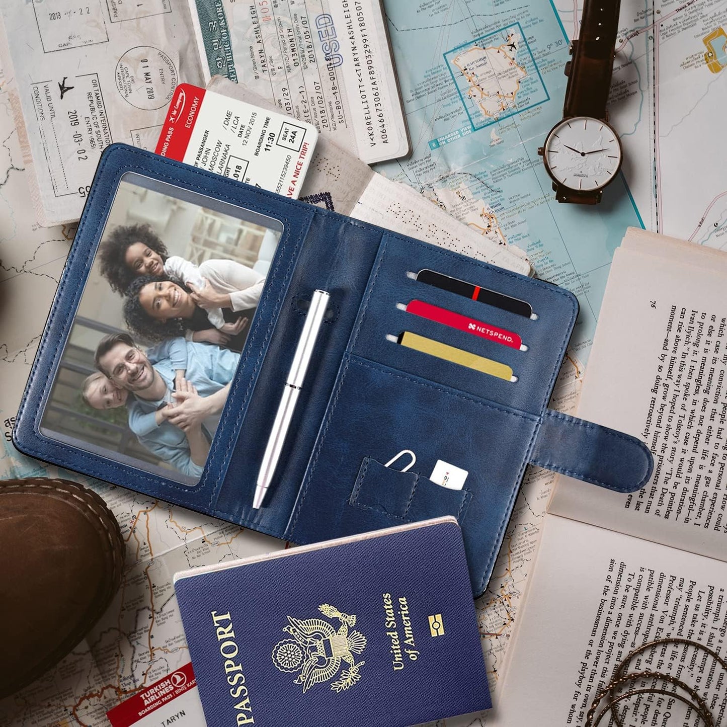 RSAquar Passport Holder for Women and Men, Premium PU Leather Travel Passport Wallet RFID Blocking Passport Cover Travel Documents Organizer with Pen Holder, Blue