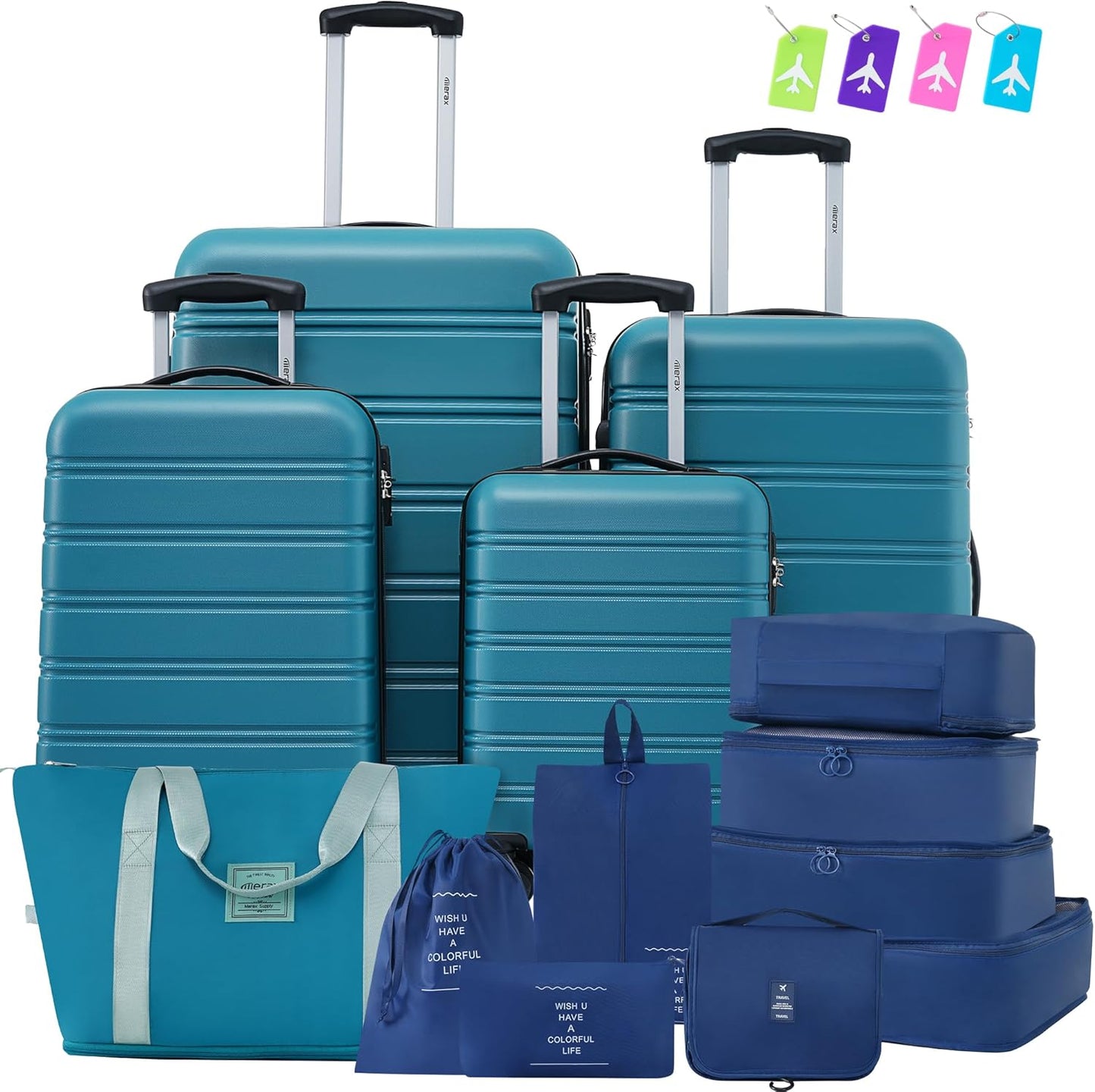 Merax Luggage sets of 13 Piece 16 20 20 28 IN Carry on Luggage Hard Case Green Luggage Expandable