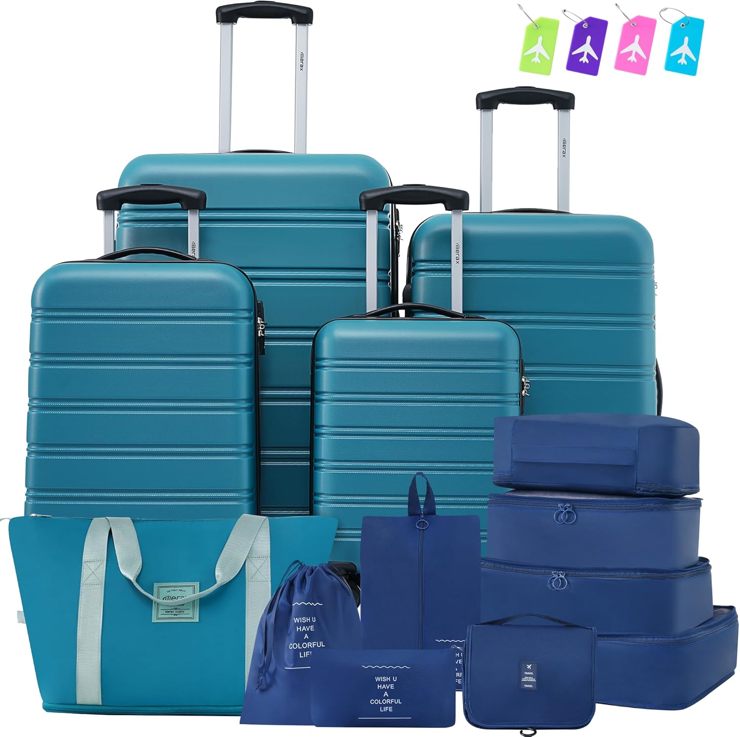 Merax Luggage sets of 13 Piece 16 20 20 28 IN Carry on Luggage Hard Case Green Luggage Expandable