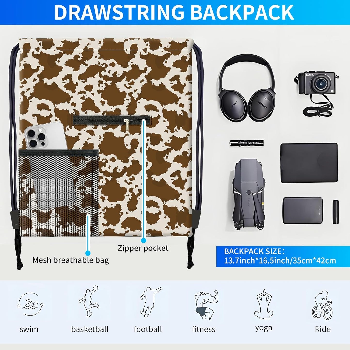 Drawstring Backpack Sports Gym Bag, Large String Swim Bag for Beach With Water Bottle Mesh Pocket, Cute Gym Sack with Zipper Pocket for Men Women Luxuious Cow Print