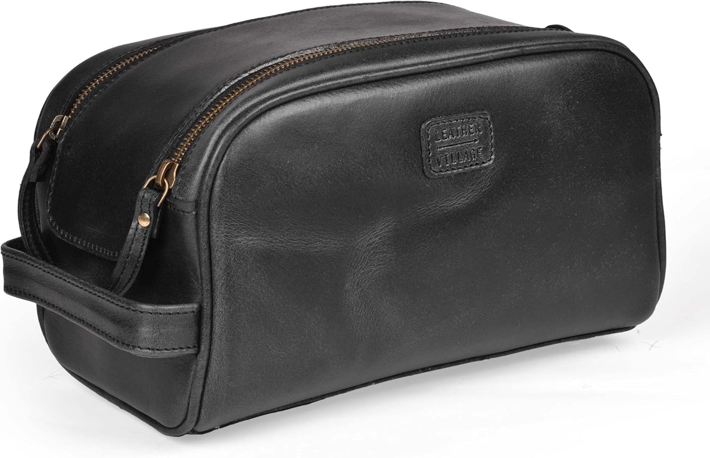 LEATHER VILLAGE Premium Leather Toiletry Travel Pouch With Waterproof Lining - Black | King-Size Handcrafted Vintage Cosmetic Organizer & Shaving Essential Bag