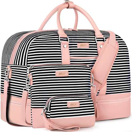Weekender Bag for Women, Large Overnight Bag Canvas Travel Duffel Bag Carry On Tote with Shoe Compartment 21" 3Pcs Set
