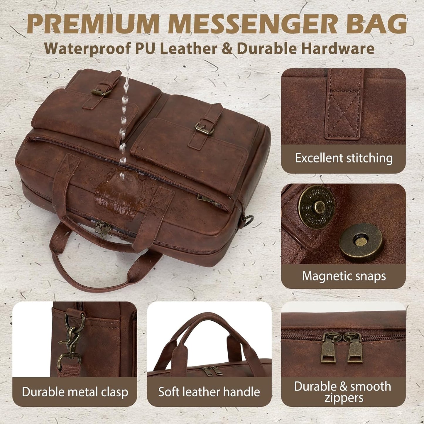 RAINSMORE Messenger Bag for Men 16 Inch Leather Laptop Bags Work Computer Briefcase Vintage Mens Satchel Shoulder Bag for Work, Office, Business, Travel, Brown