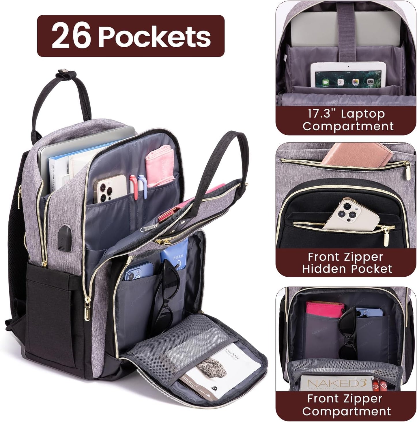 LOVEVOOK Backpack for Women,Laptop Backpack Women,Fits 17 Inch Laptop Bag,School Backpacks,Fashion Travel Work Anti-theft Bag,Waterproof Business Computer College Backpack Purse,Grey-Black-Balck