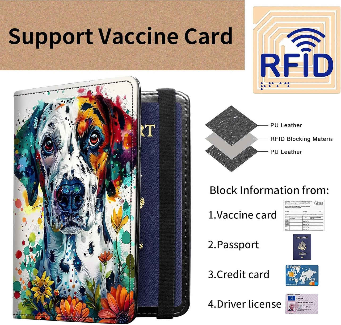 Passport and Vaccine Card Holder Cover Combo,Travel Passport Holder Wallet with RFID Blocking, Leather Vaccine Card Slot Passport Cover Case for Women & Men,Dalmatian Dog with Flowers
