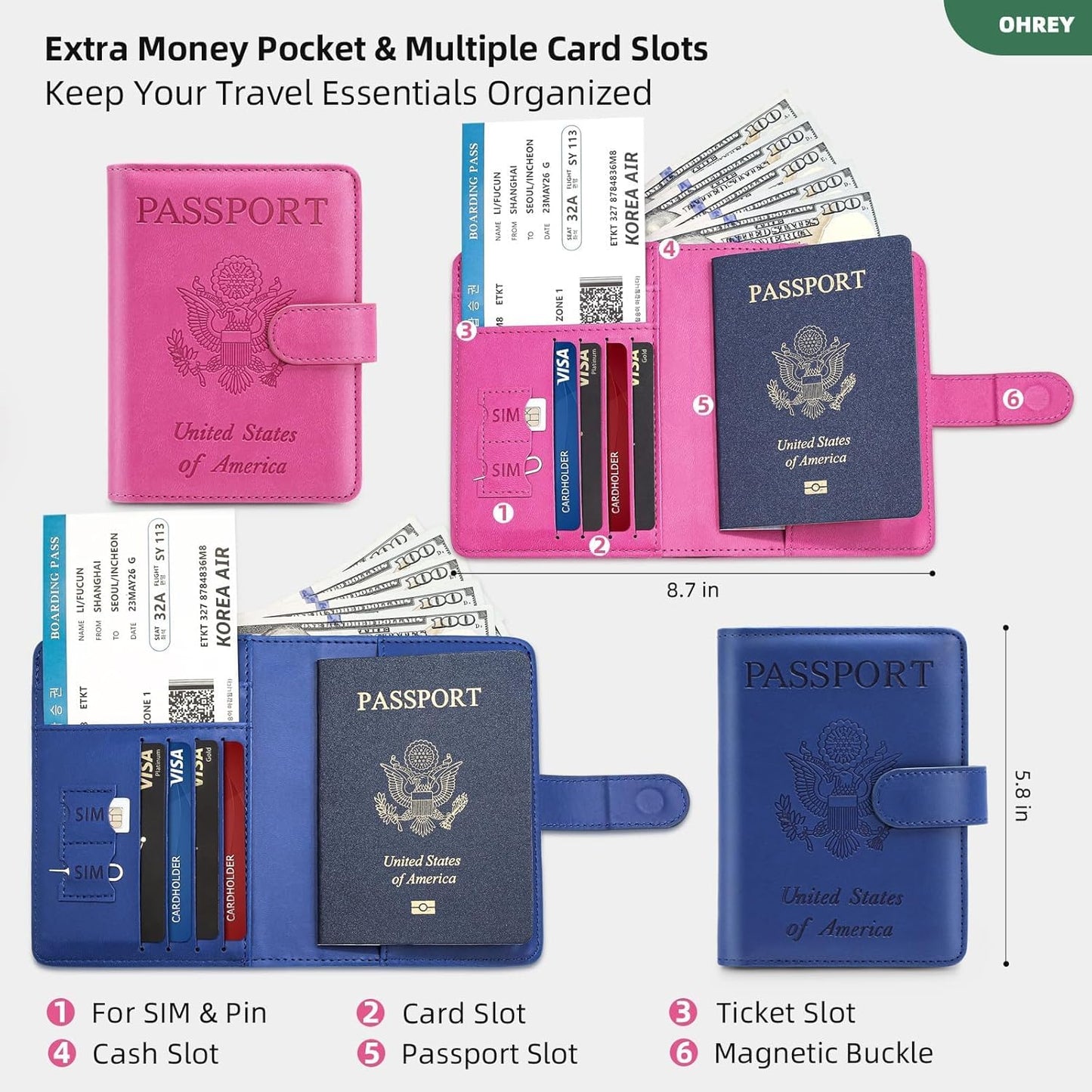 2 Pack Passport Holder for Travel with Slot for Tracker Device & Luggage Tag Cover, RFID Blocking Passport Holder for Women & Men | PU Leather Passport Cover Case with Pocket, Blue & Pink
