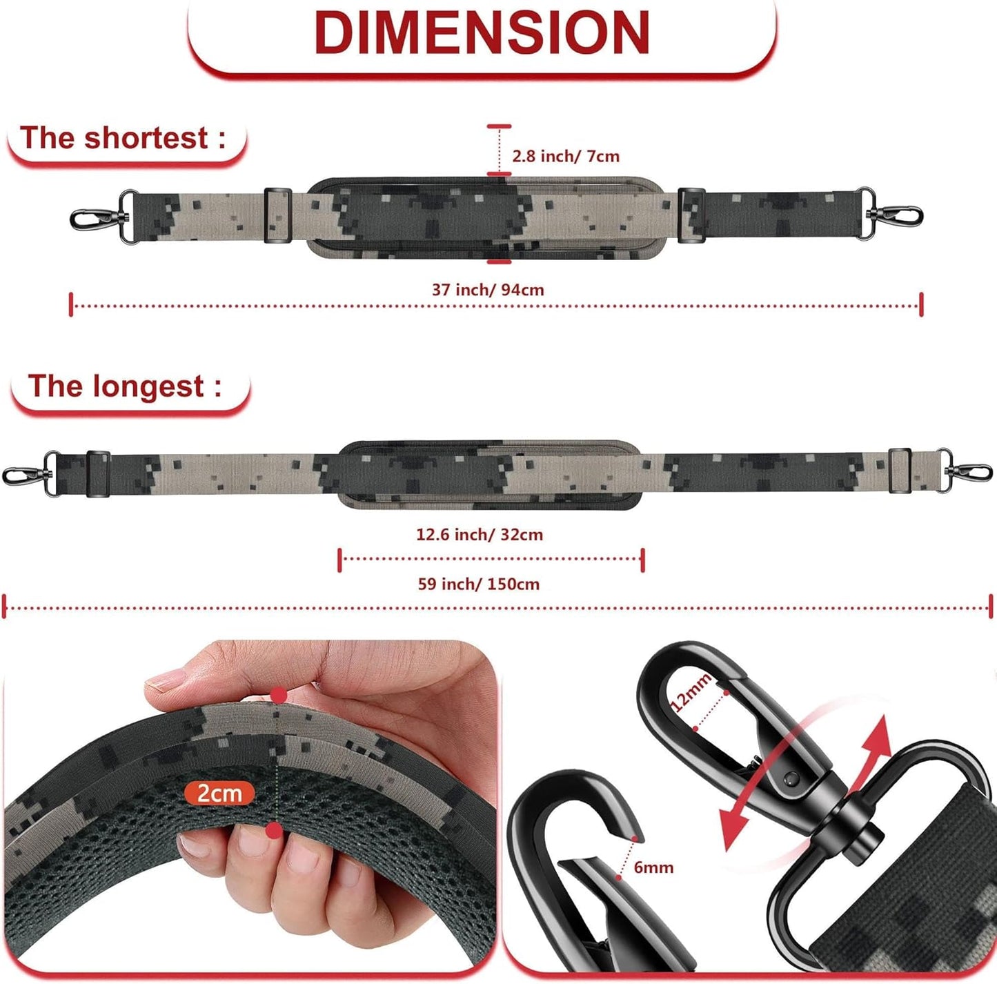 ZINZ Shoulder Strap - 59 Inch Universal Heavy-duty Adjustable Strap with Ultra-thick Fixed Breathable Pad for Laptop, Gym, Camera Bag and More -Camouflage gray