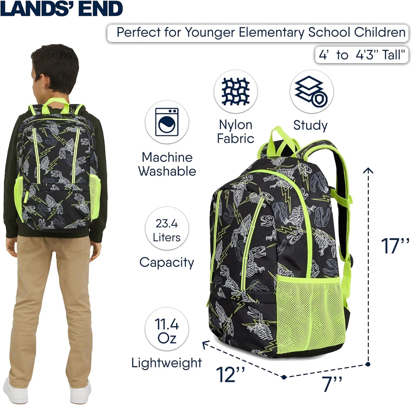 Lands' End Unisex Kids Medium ClassMate Lightweight Durable Elementary School Backpack, Black Highlight