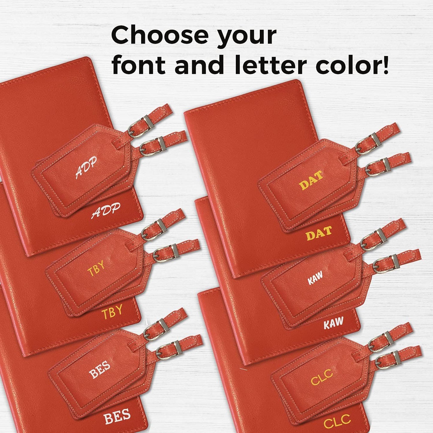 Personalized Monogrammed Orange Leather RFID Passport Wallet and 2 Luggage Tags