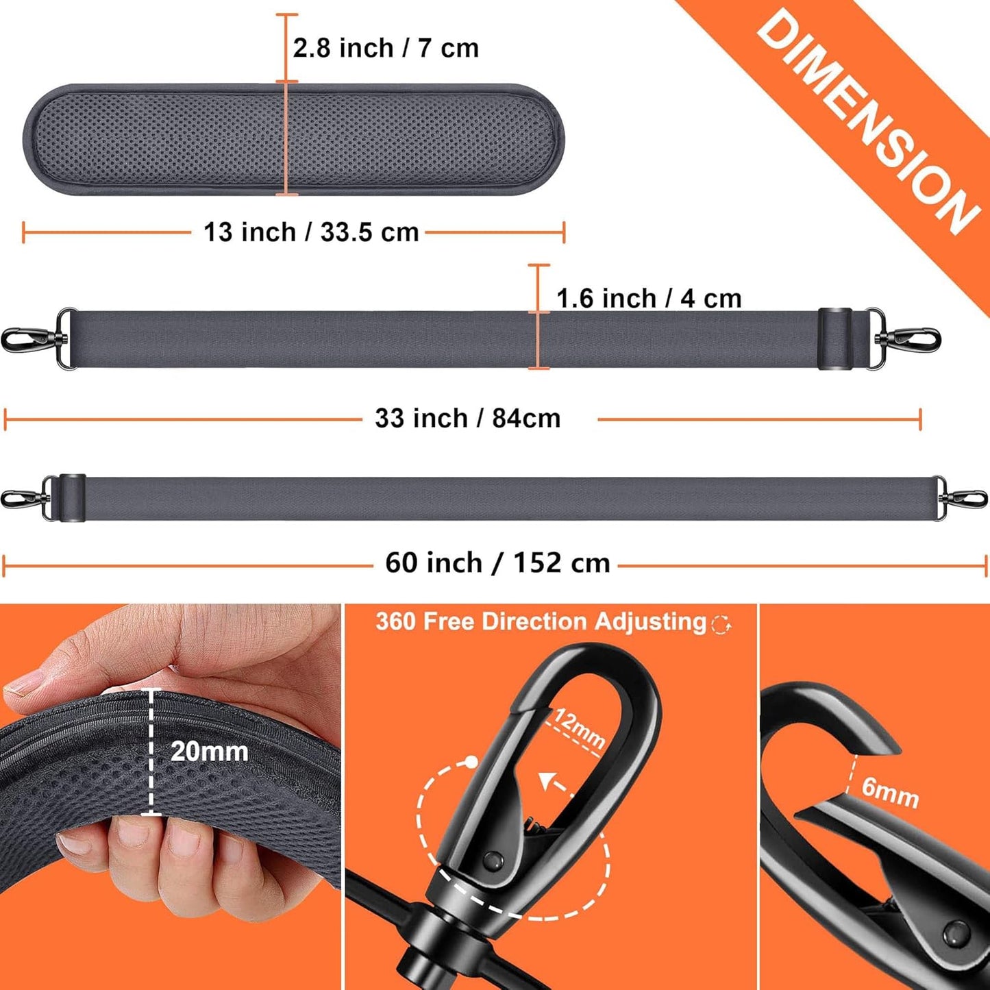 60 Inch Shoulder Strap, Ultra-Thick and Padded with Metal Swivel Hooks for Laptop Messenger and Crossbody Canvas Bags