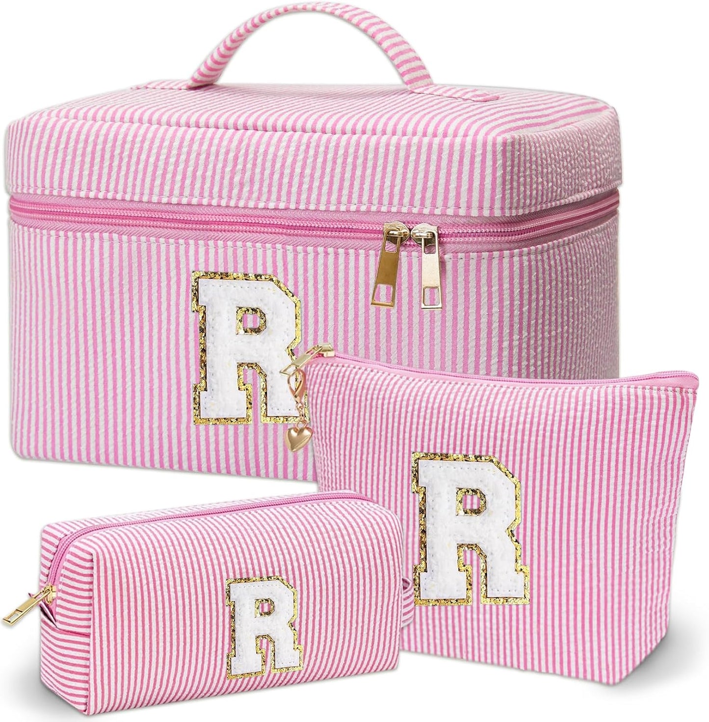 Personalized Monogram Makeup Bag, 3PCS Custom Monogrammed Toiletry Cosmetic Bag for 6-18 Teen Girls Women,Birthday Graduation Gifts Initial Pouch Makeup Bags for Women Girls, Make Up Bag (R, Pink)