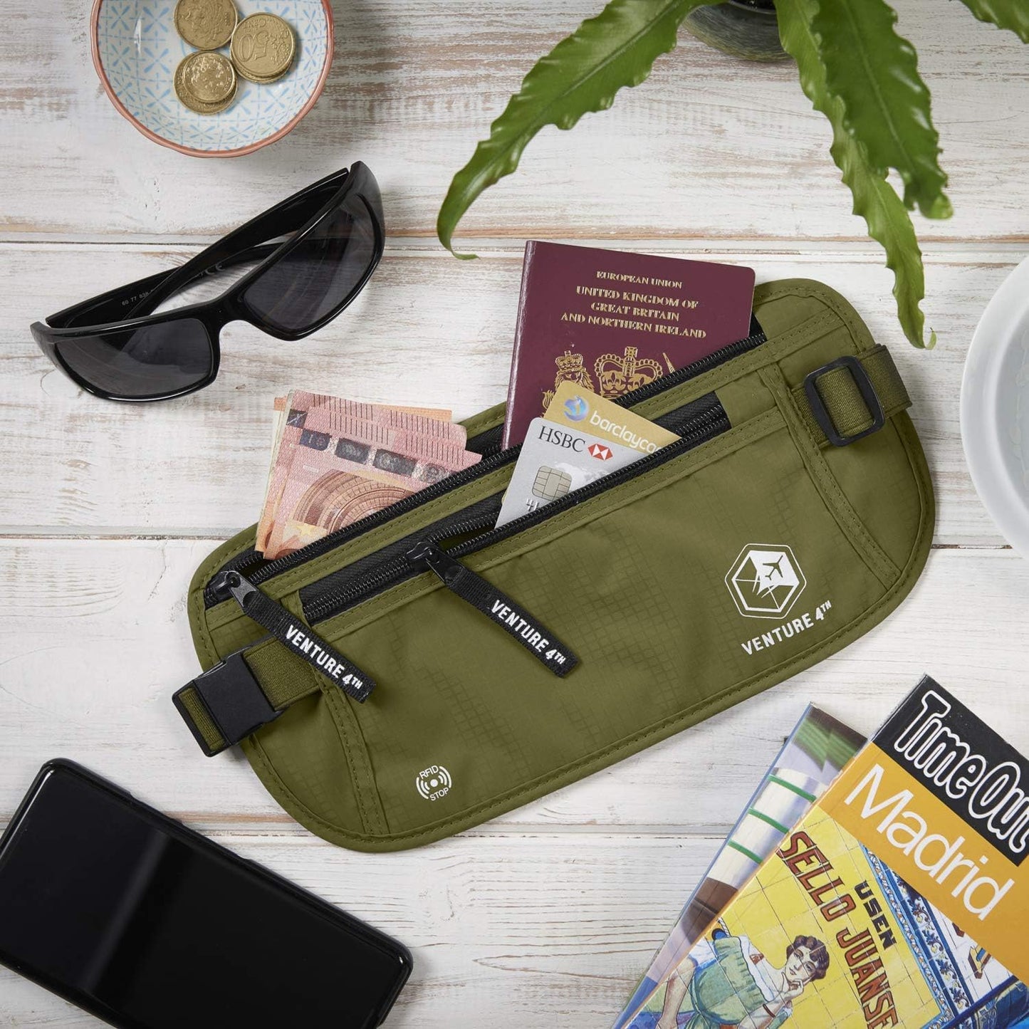 VENTURE 4TH Travel Money Belt - Slim Passport Holder RFID Blocking Travel Pouch to Protect Cash, Credit Cards and Travel Documents (Green)
