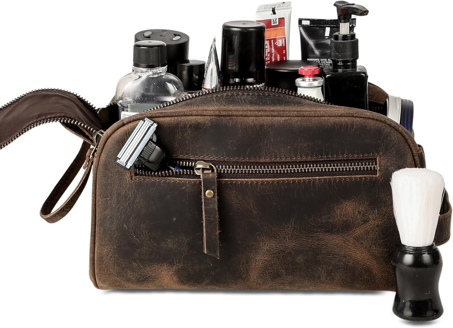 KomalC Leather Toiletry Bag For Men & Women, Handcrafted Buffalo Leather Travel Kit, Water-Resistant Shaving Bag For Men Travel, Premium Rustic Toiletry Pouch with Zipper Closure