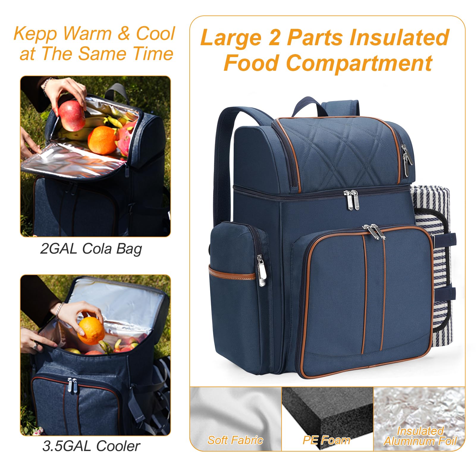 Picnic Backpack for 4, Insulated Cooler Bag with Blanket, Navy Blue
