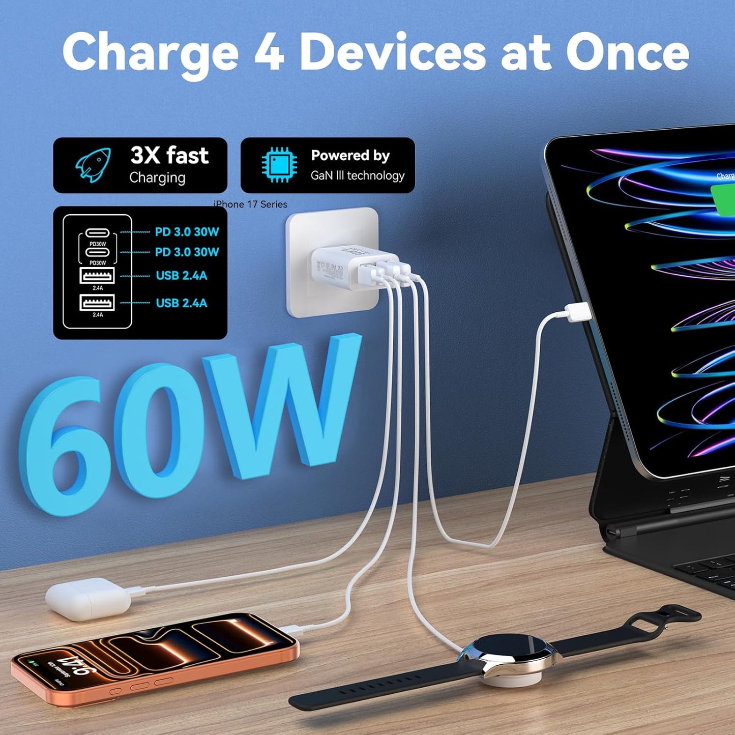 USB C Charger Block, 2Pack 60W 4 Ports Type C Fast Phone Charging Cubes PD USBC Wall Plug+QC 3.0 USB A Charger Head Power Brick Box for iPhone 16/15/14/13/12/11 Pro Max, Samsung Galaxy, Pixel