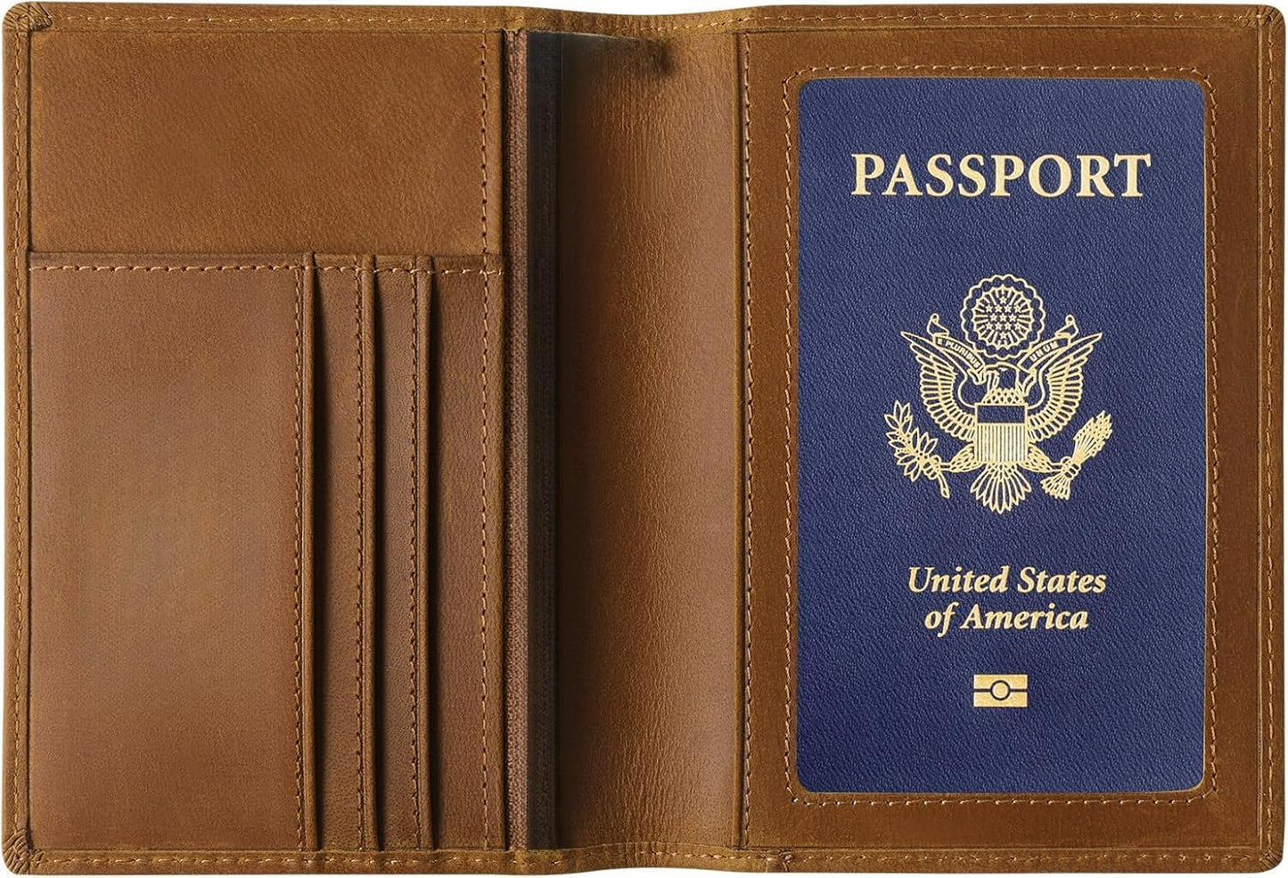 Genuine Leather Passport Cover for Men & Women, RFID Blocking Travel Wallet with Family Storage Capacity (Bourbon Brown)