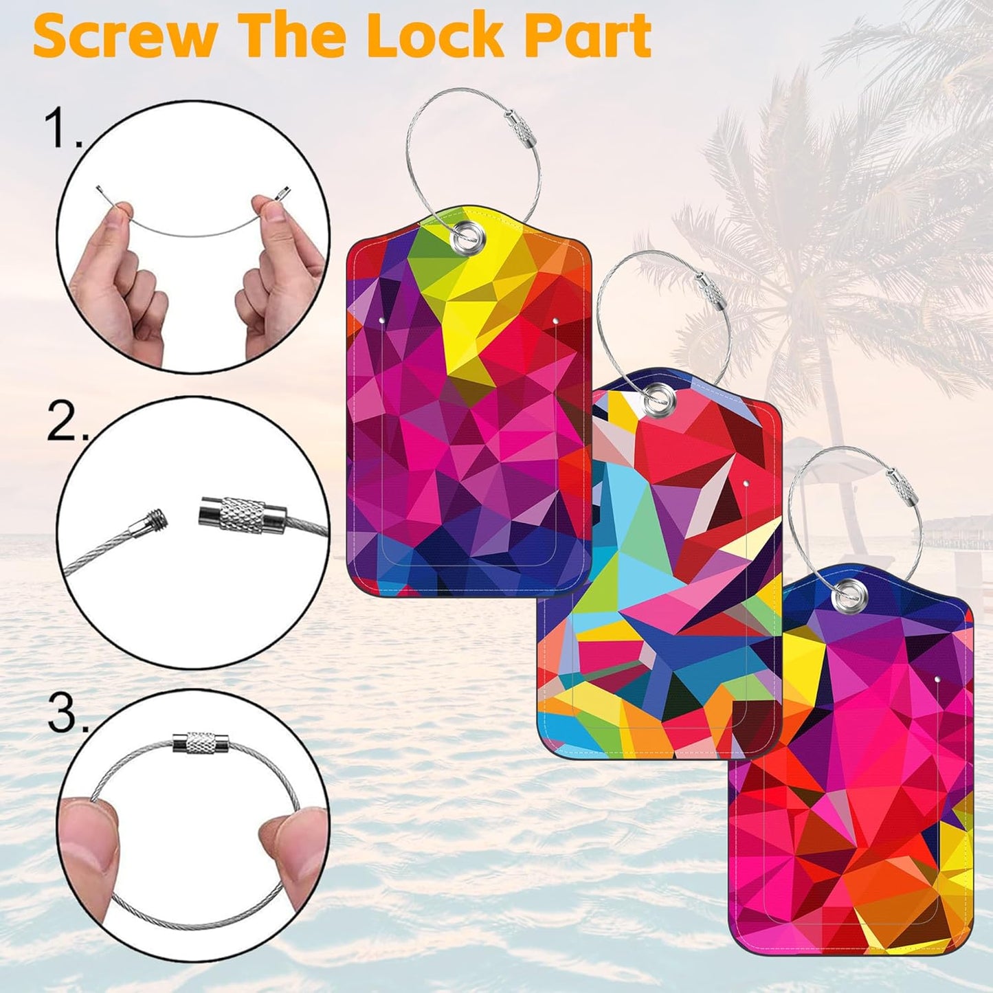 3 Pack Luggage Tags for suitcases Colorful Geometric Leather Luggage Tag, Identifiers with Privacy Name ID Label and Metal Loop for Men Women Travel Bag Suitcase