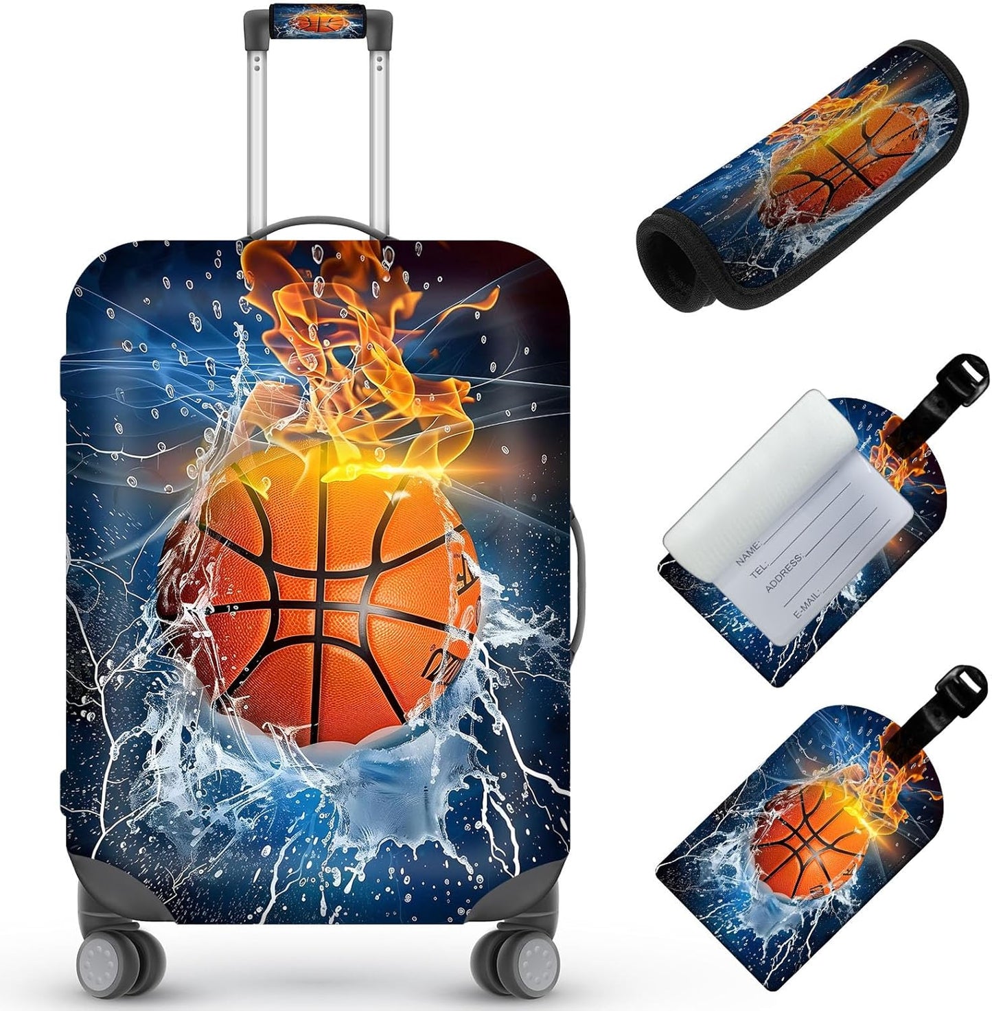 Travel Luggage Cover,Ice Fire BasketballTheme Suitcase Cover Accessory Kit, Luggage Tag, and Comfortable Luggage Handle Wrap, Washable Luggage Suitcase Protector (22-24 inch,M)