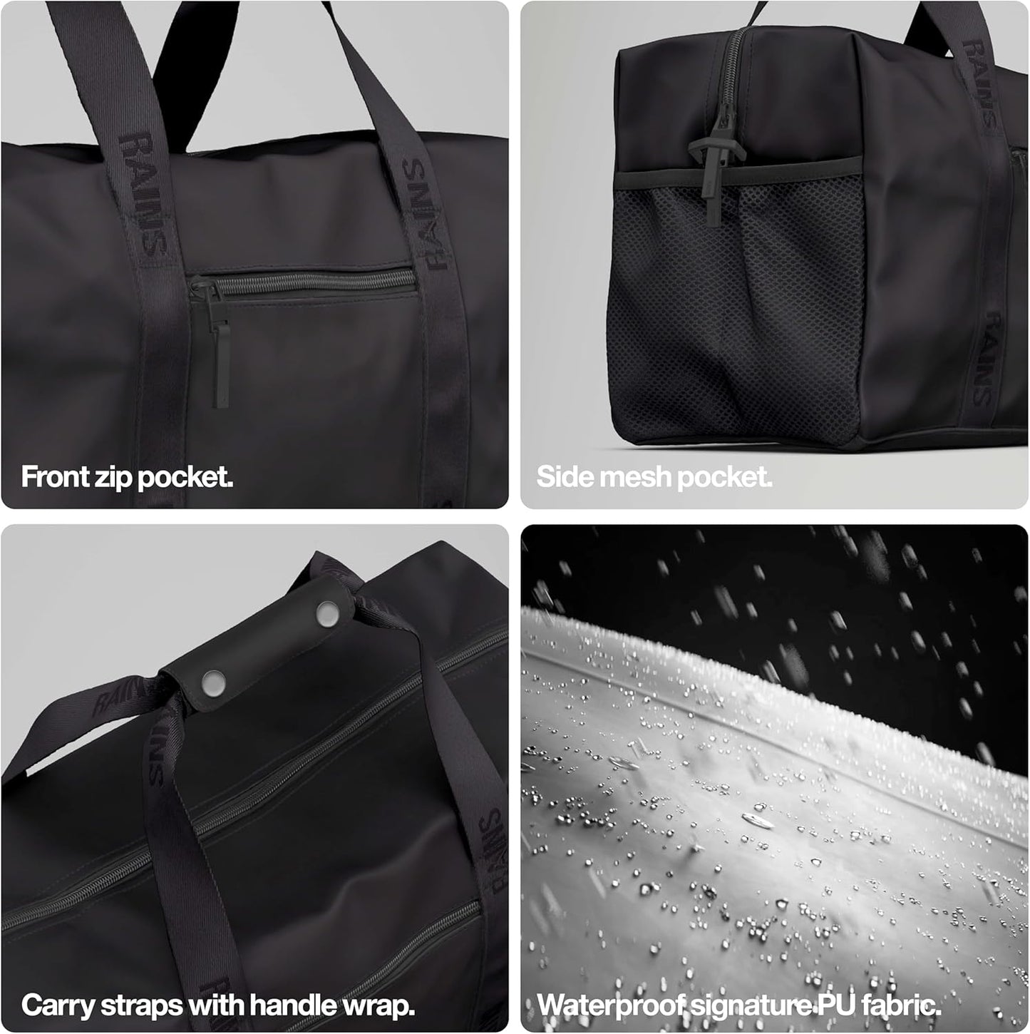 RAINS Trail Gym Bag - Black Waterproof Sports Duffel Bag for Men and Women with Shoulder Strap, Carry Handles and Mesh Pocket for Training or Travel - 2 Year Warranty