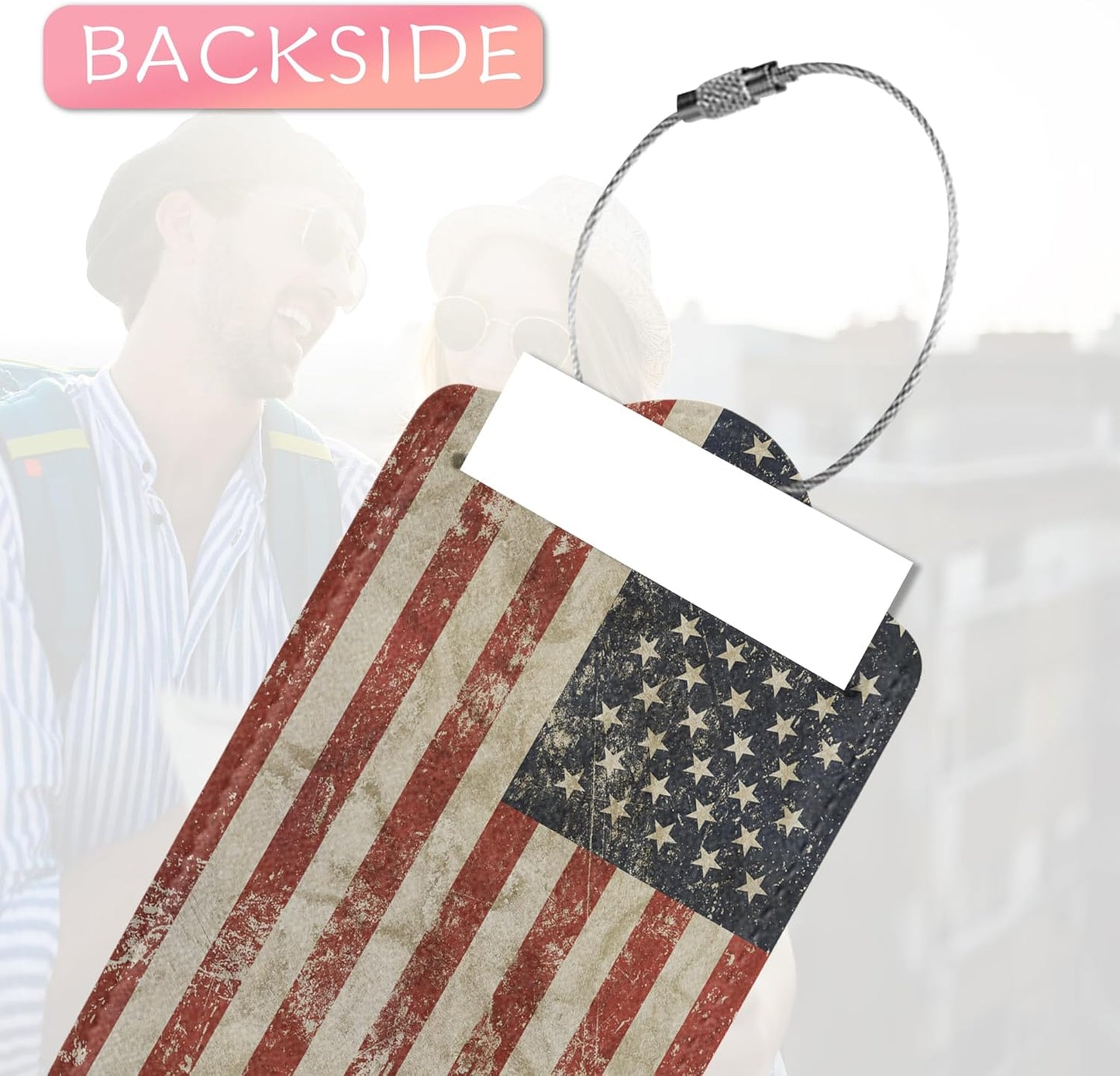 2 Pack Luggage Tags for Suitcases, Retro American Flag Luggage Tag, Leather Stainless Steel Loop Label Tag for Men Travel Bag Suitcase