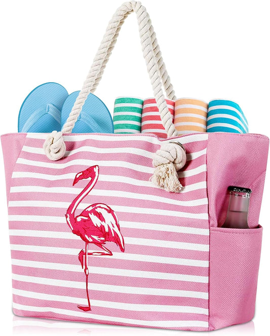 TESALATE Large Canvas Beach Tote Bag with Zipper Waterproof for Women Swim Travel Swim Pool Shopping Cruise Essentials Gifts