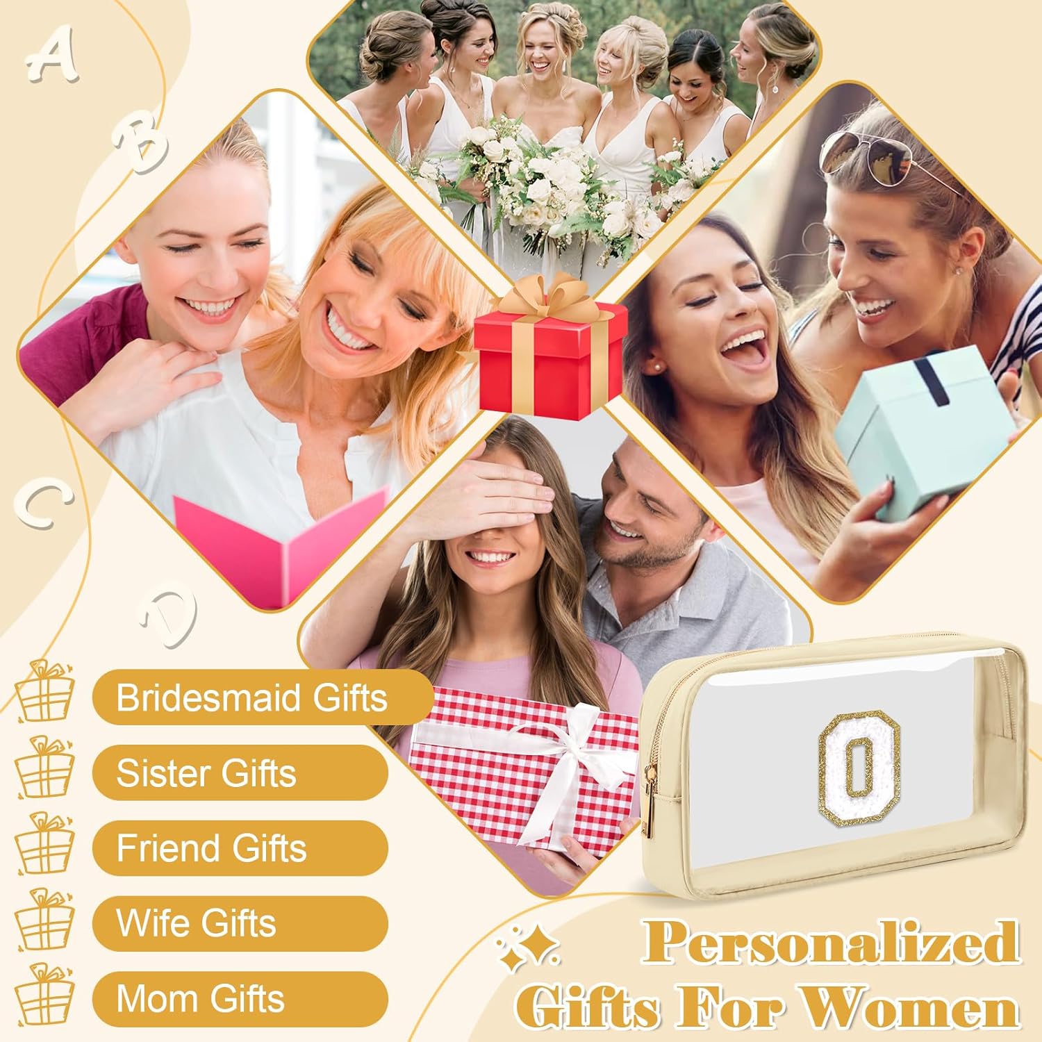 Personalized Initial Letter Clear Makeup Bag,Preppy Small Nylon&PVC Cosmetic Zipper Bag with