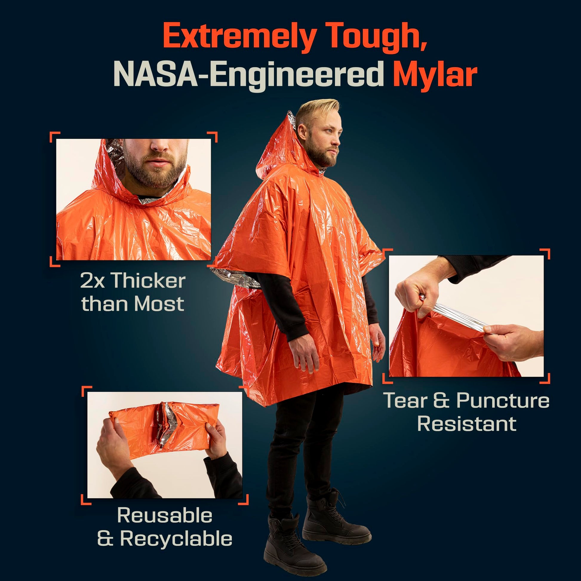 PREPARED4X Emergency Mylar Poncho – Survival Rain Poncho with Hood – Lightweight, Compact, Reusable