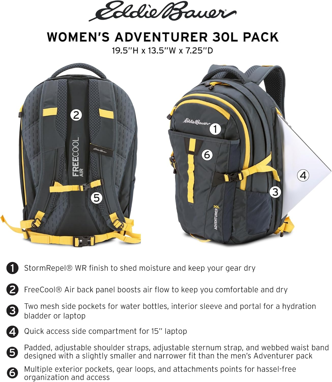 Eddie Bauer Adventurer Backpack with Organization Compartments and Hydration/Laptop Compatible Sleeve, Women's Adventurer - Black, 30L