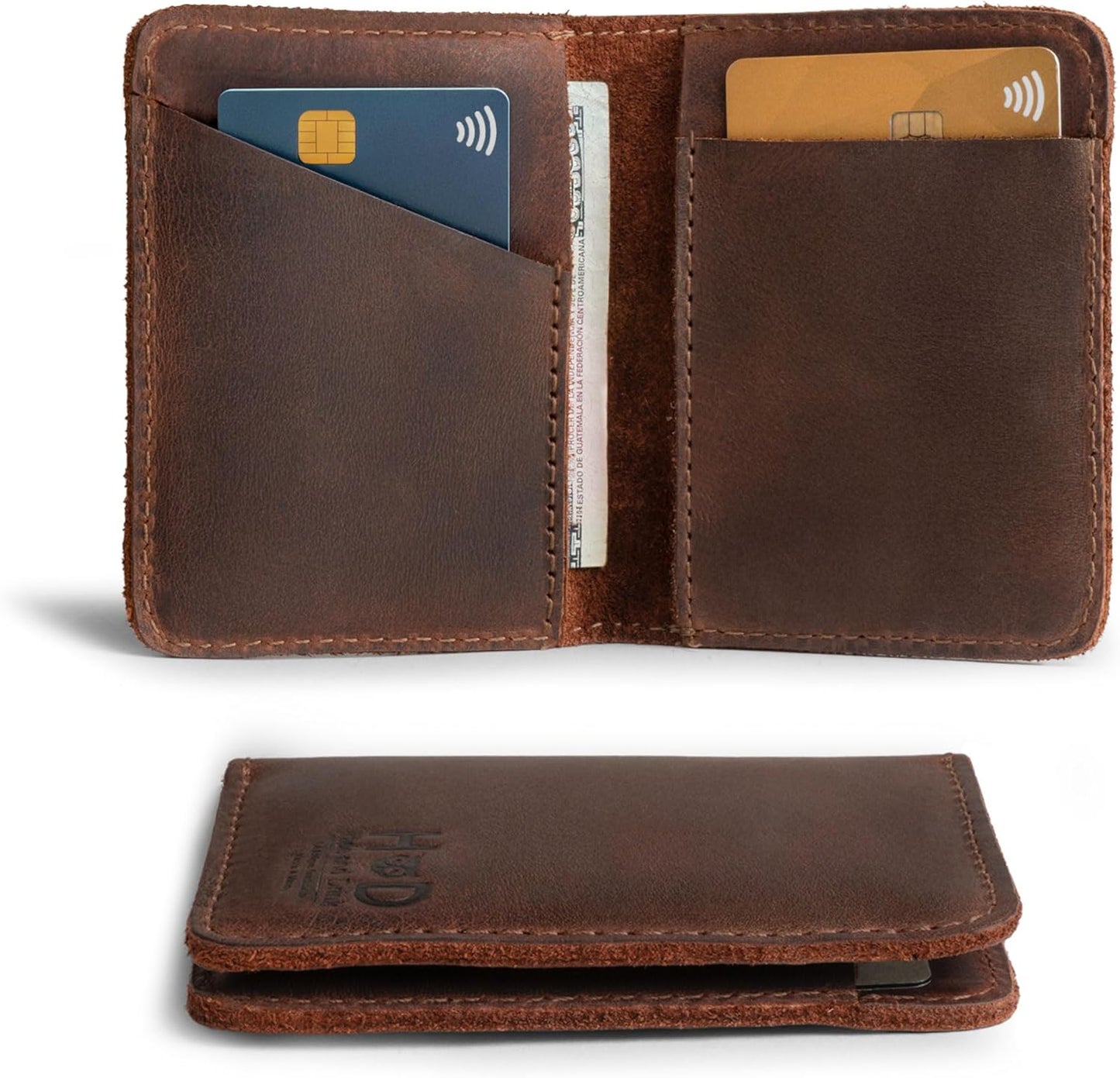 Hide & Drink, Bifold Wallet, Slim Card Holder, Minimalist Traveler Wallet, Vintage Front Pocket Wallet, Full Grain Leather, Handmade, Bourbon Brown