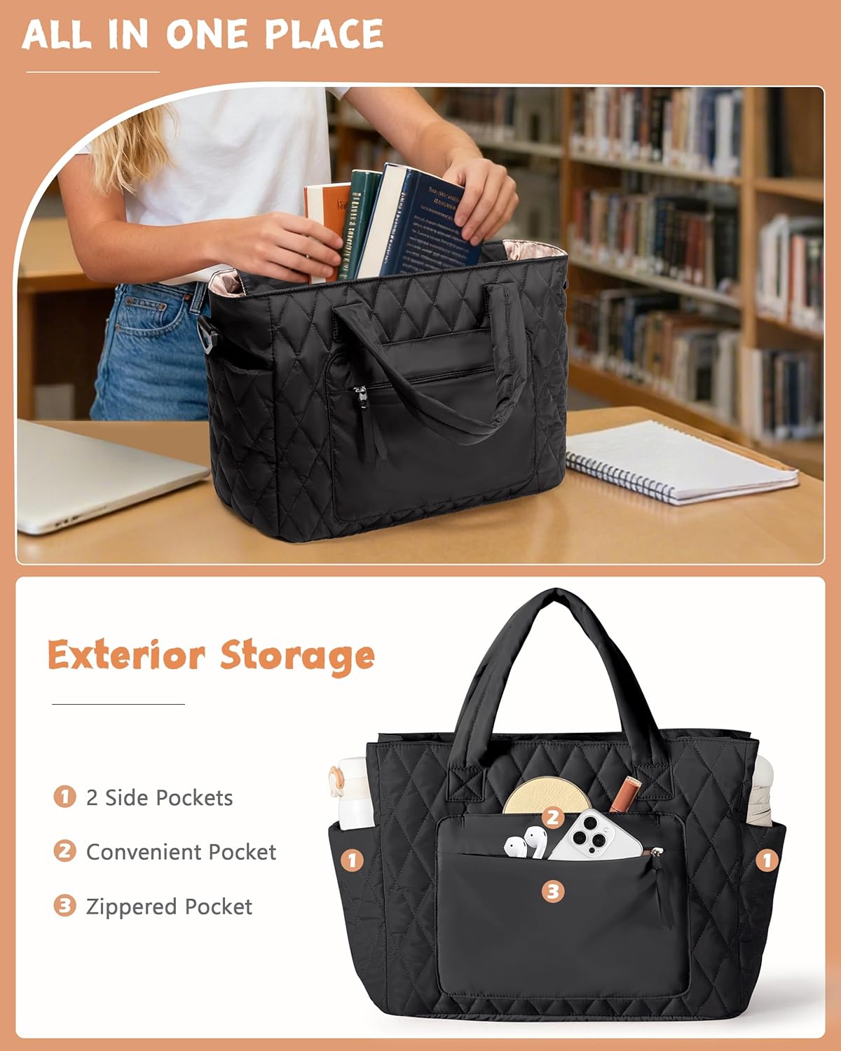 Tote Bag for Women - Puffer Work Tote with Laptop Compartment, Quilted College Shoulder Bag with Zipper for Work