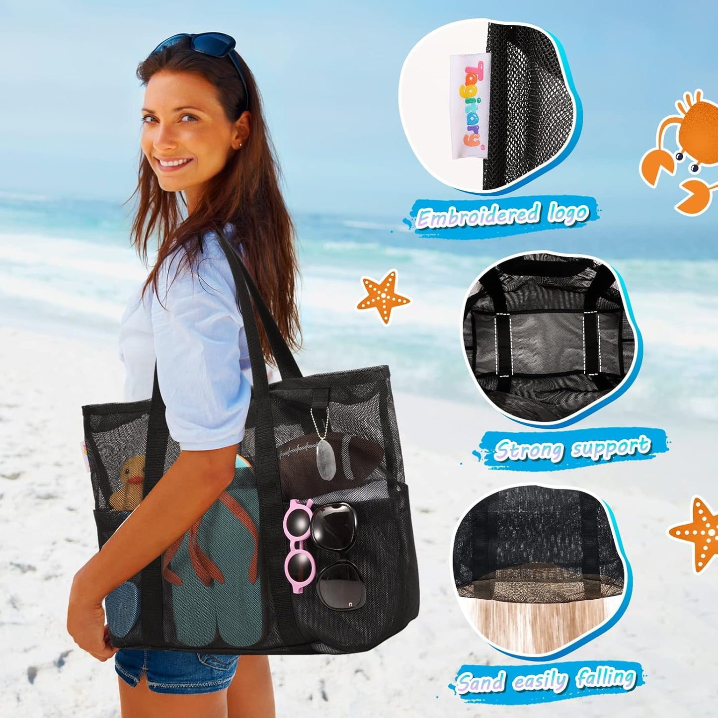 Tagitary Mesh Beach Bag with Zipper Large Beach Tote Waterproof Sandproof with 8 Pockets for Toys Pool Bag Beach Accessories