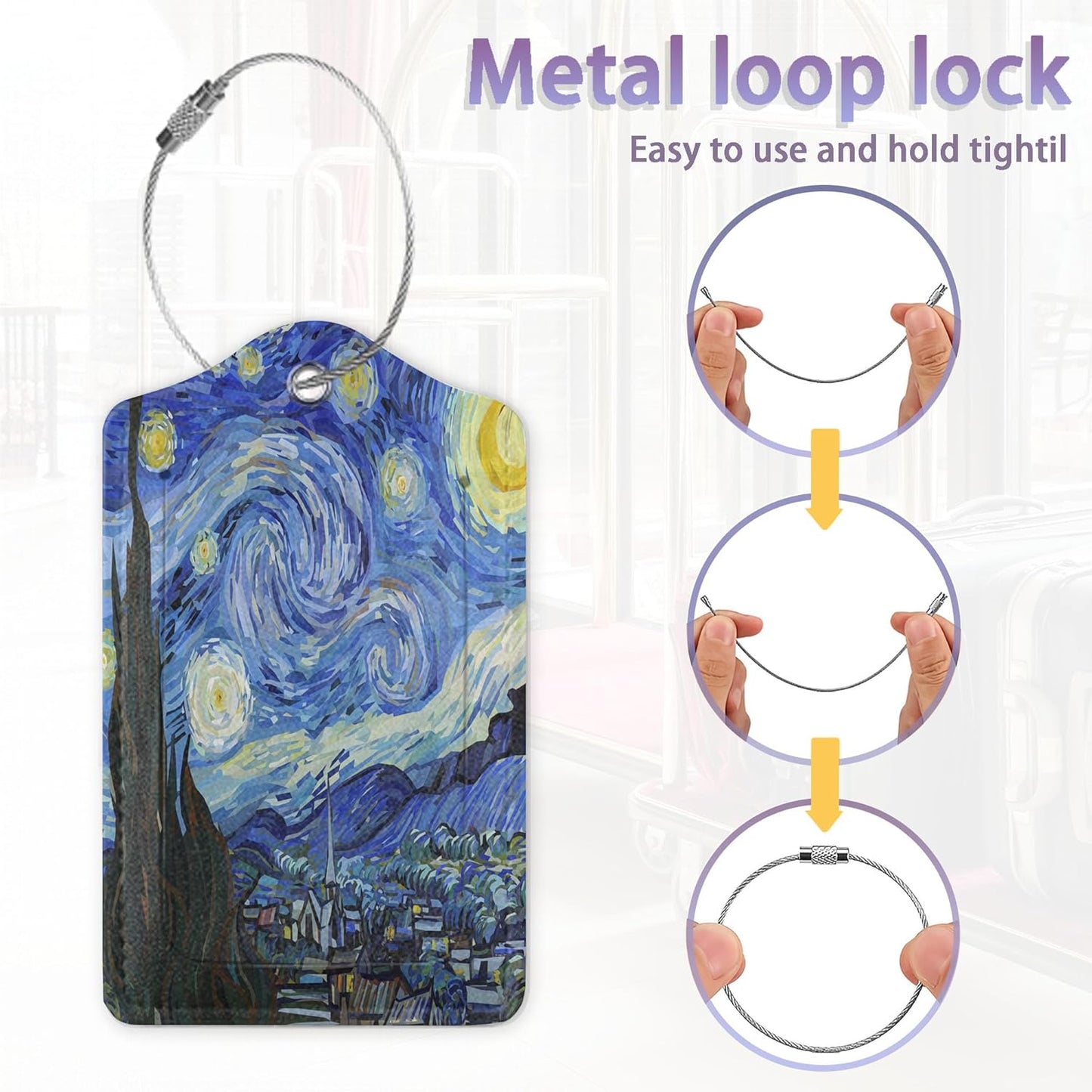 2Pcs Luggage Tag for Suitcase Starry Night by Van Gogh Cute Suitcase Tag with Privacy Flap & Name ID Label & Metal Loop, Travel Bag Luggage Tags for Women