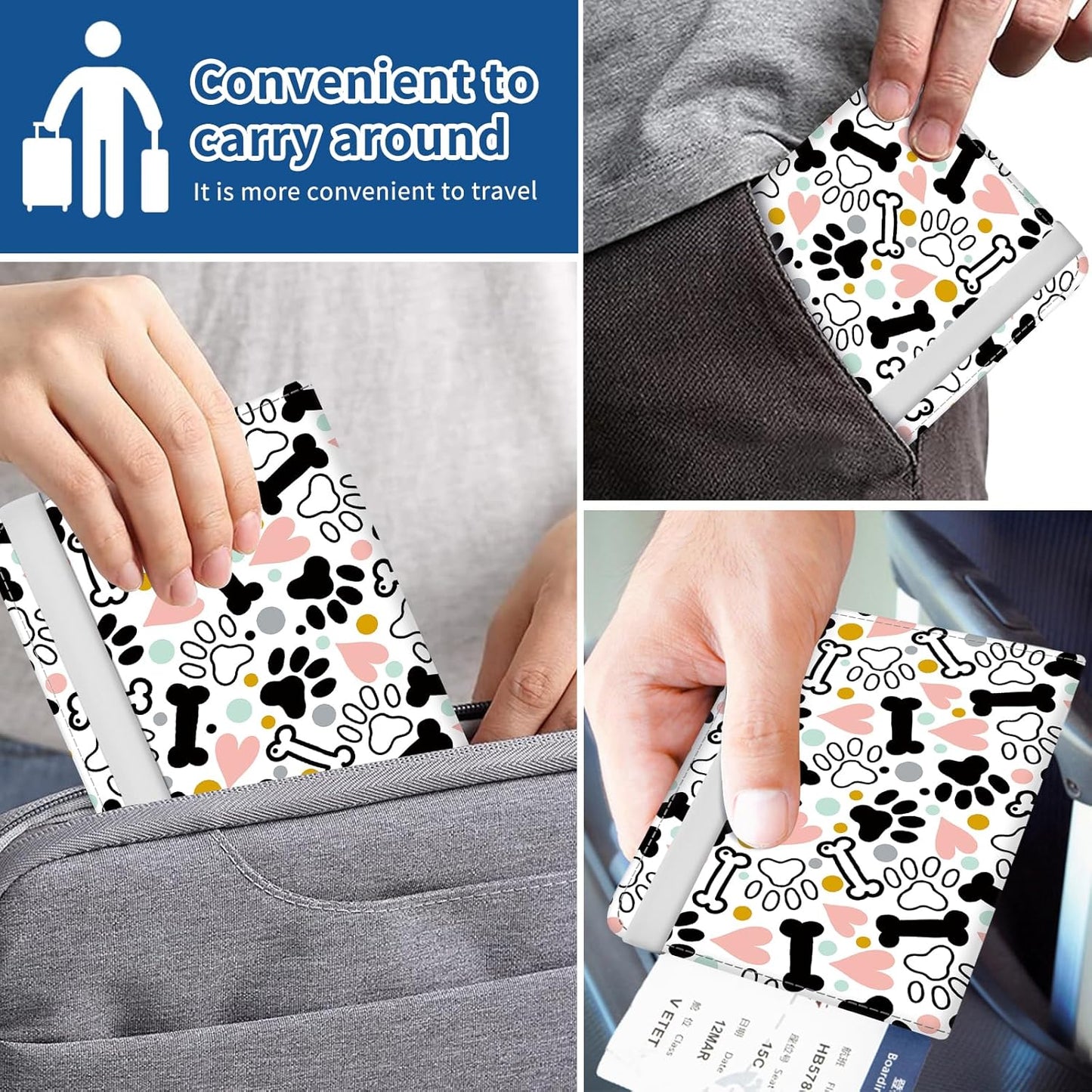 Passport Holder for Travel Essentials, Leather RFID Blocking Passport Wallet Cover Case, Cute Passport Book Holders for Women and Men Cute Dog Paws