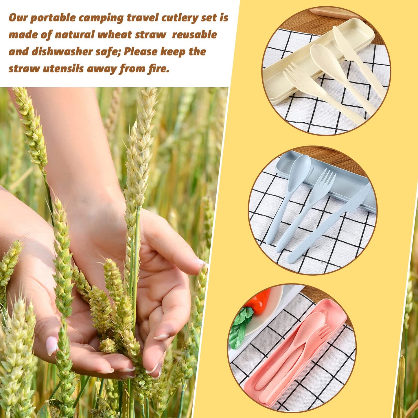 Jinei Reusable Travel Utensils Set Wheat Straw with Case,Bright