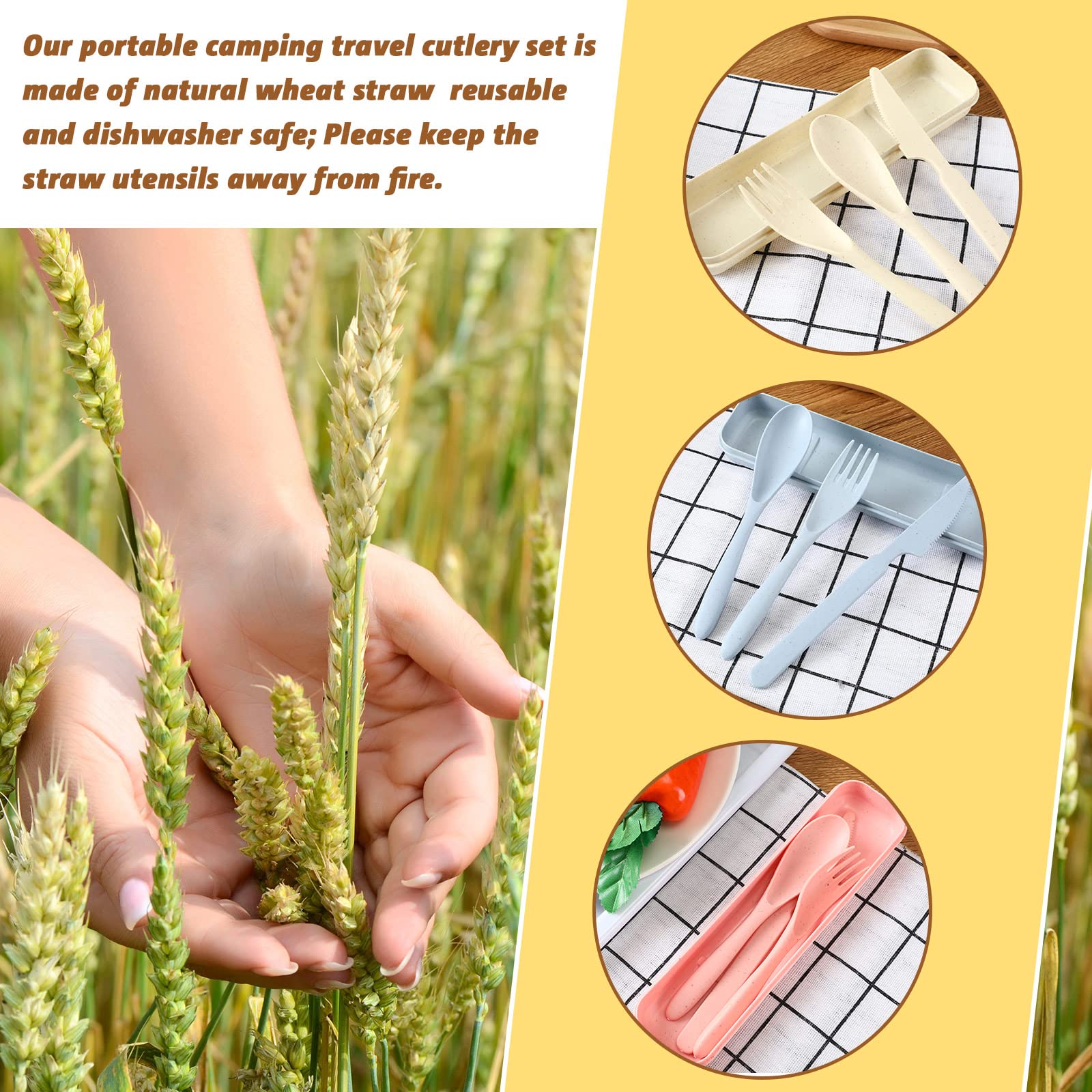 Jinei Reusable Travel Utensils Set Wheat Straw with Case,Bright