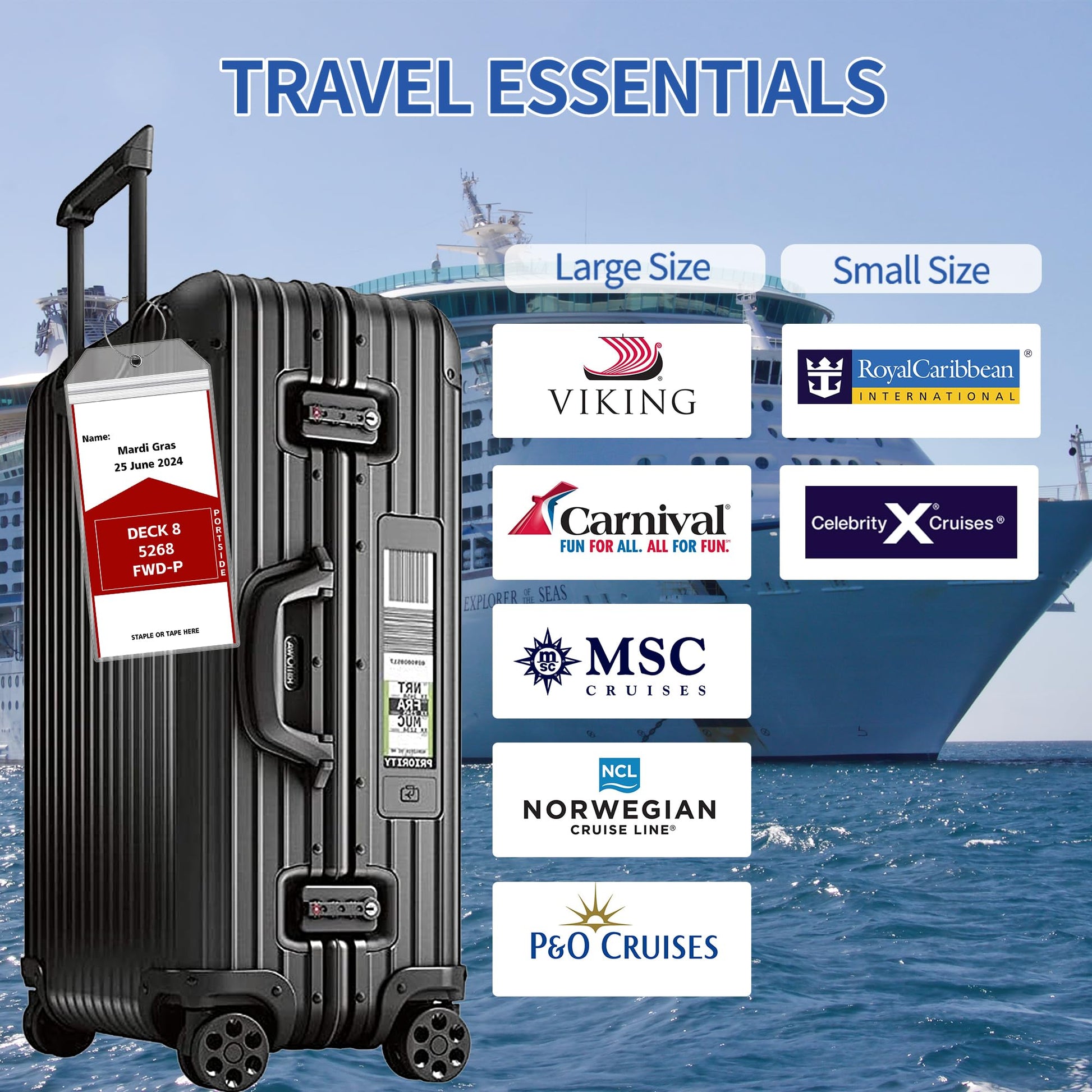 6 Pack Luggage Tags Travel Essentials & Cruise Essentials for NCL, Princess, Carnival, Royal