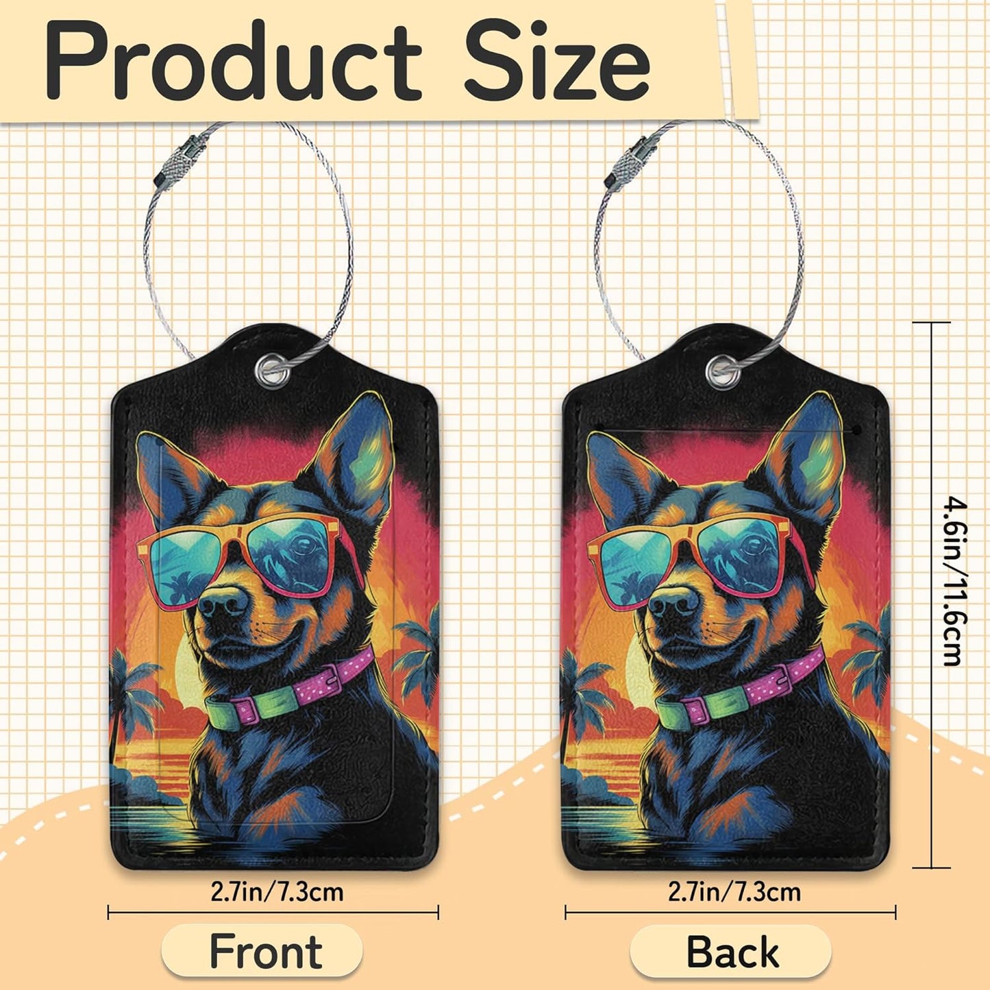 3 Pack PU Abstract Dog with Sunglasses Leahter Luggage Tag with Stainless Steel Loop,Colorful Travel Suitcase Labels with Privacy Cover ID Label Quickly Spot for Bags