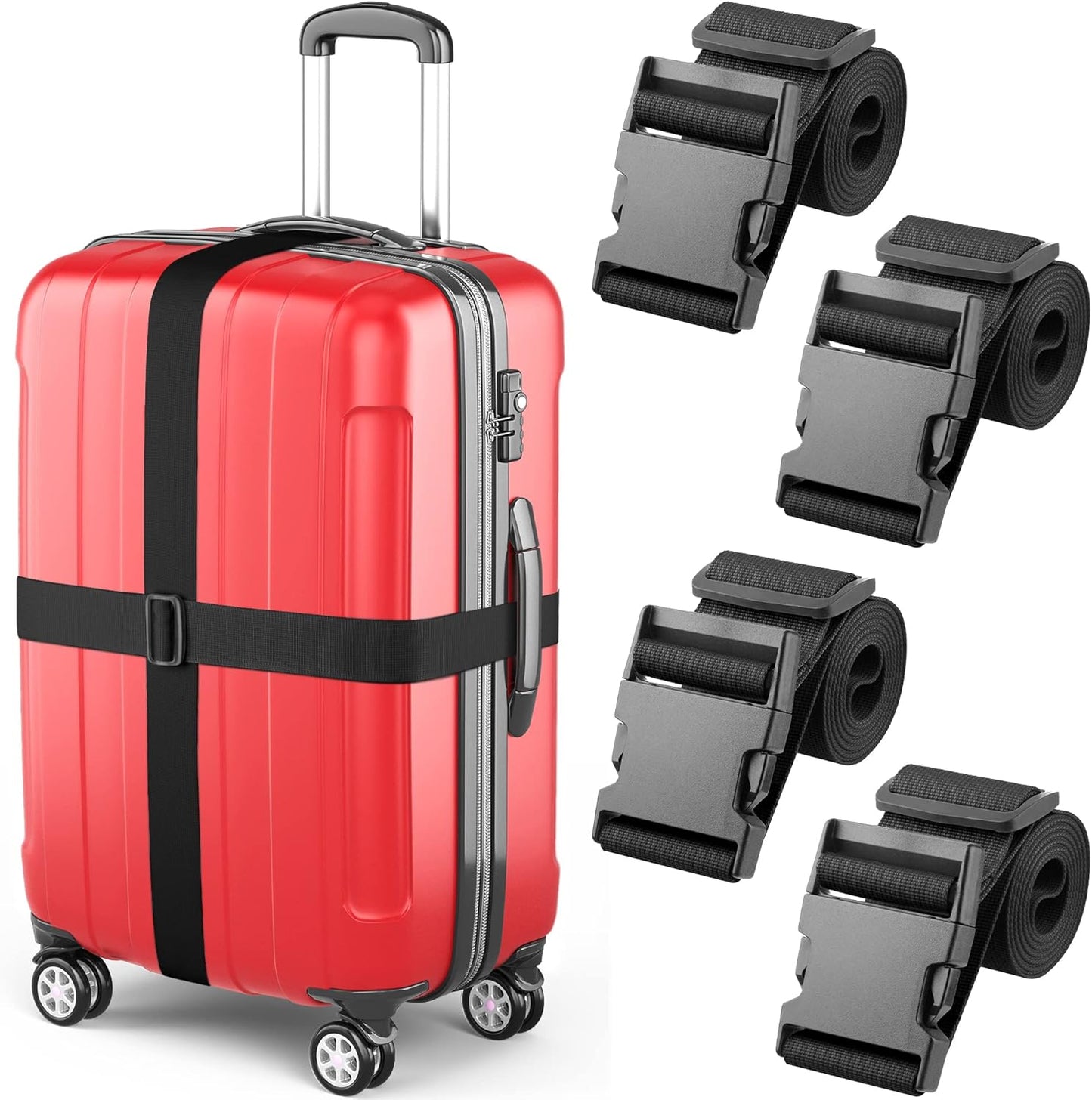 Luggage Straps - Black, 78" Long, 2 Inches Wide, 4 Pack - Adjustable Nylon Belt for Travel Suitcases & Bags - by Mifflin-USA