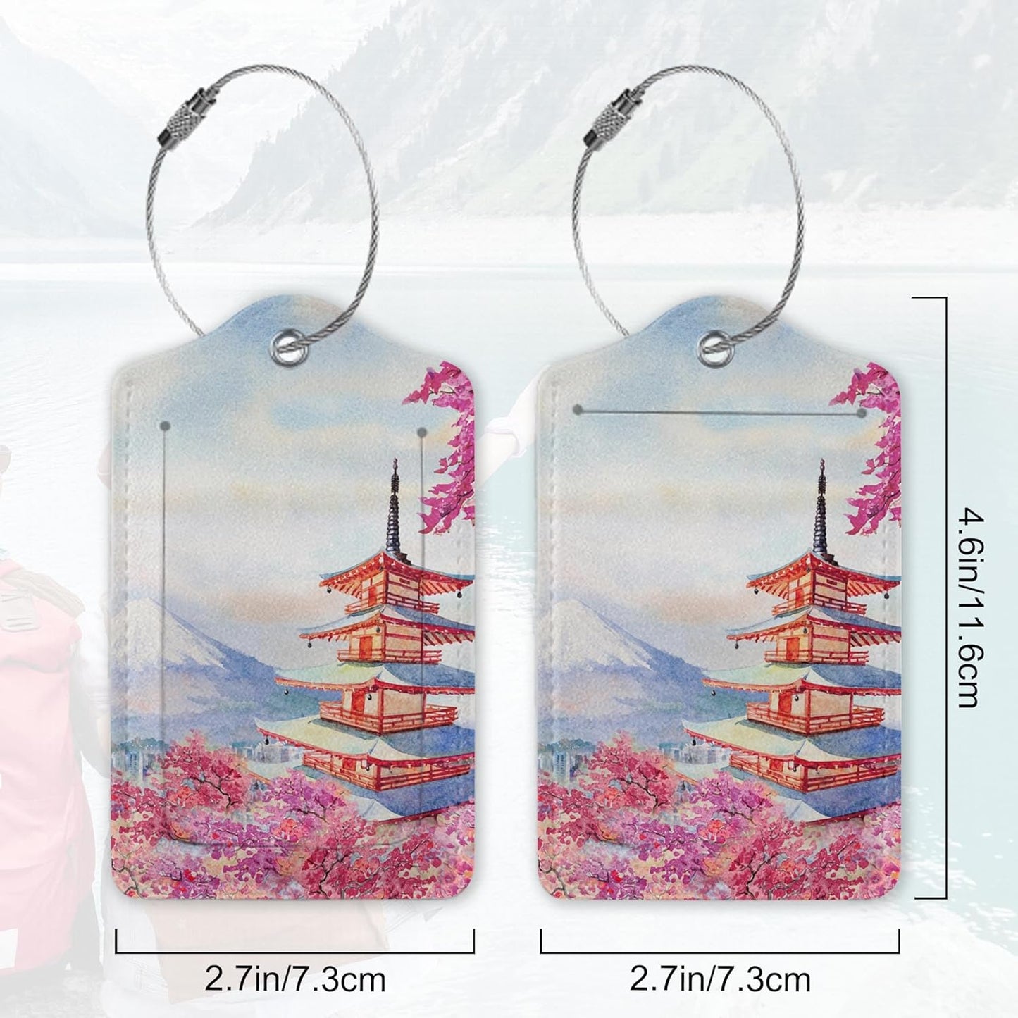 Cherry Blossom Luggage Tag for Suitcase,Mount Fuji Luggage Tag with Privacy Flap & Name ID Label & Metal Loop,Travel Suitcase Tags for Women 2Pcs