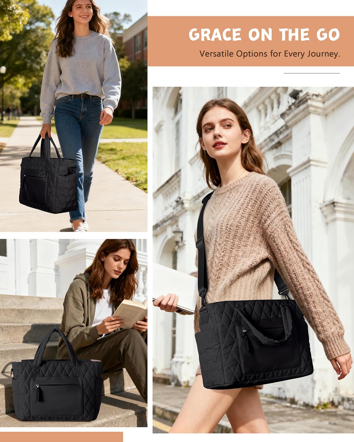 Tote Bag for Women - Puffer Work Tote with Laptop Compartment, Quilted College Shoulder Bag with Zipper for Work