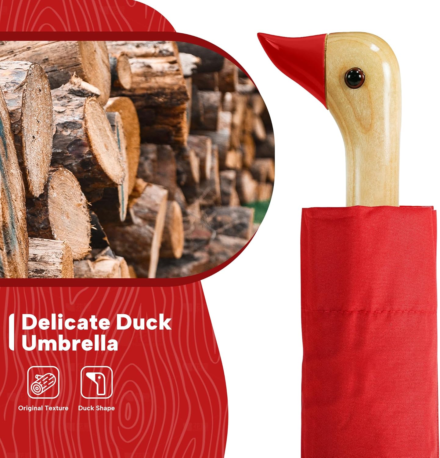LEAGERA Compact Small Umbrellas for Rain&Sun, Cute Design Duck Head Umbrella for Girls Gifts, 8 Ribs Folding Umbrella with Wooden Handle