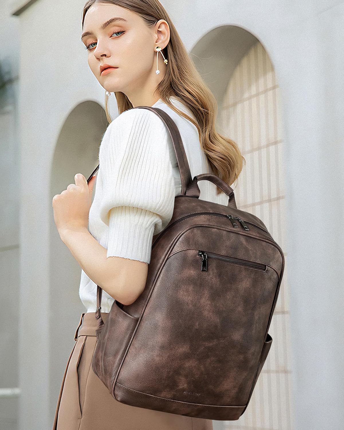 MASINTOR 15.6 inch Leather Laptop Backpack Purse for Women, Designer Travel and Work Bag with Laptop Compartment Retro Coffee